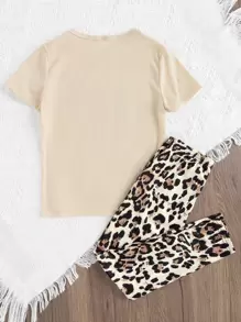 SHEIN Sparklyn Tween Girl Figure & Leopard Print Tee & Leggings - Apricot - View 2