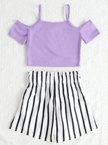 Tween Girl Cold Shoulder Tee With Striped Belted Shorts - Multicolor - View 2