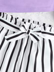 Tween Girl Cold Shoulder Tee With Striped Belted Shorts - Multicolor - View 3