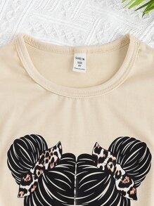 SHEIN Sparklyn Tween Girl Figure & Leopard Print Tee & Leggings - Apricot - View 3