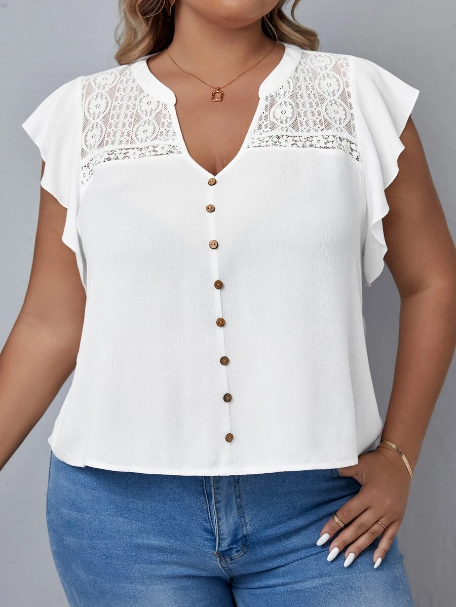 SHEIN Frenchy Plus Contrast Lace Button Front Butterfly Sleeve Blouse - White - View 1
