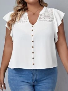 SHEIN Frenchy Plus Contrast Lace Button Front Butterfly Sleeve Blouse - White - View 5