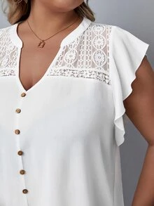 SHEIN Frenchy Plus Contrast Lace Button Front Butterfly Sleeve Blouse - White - View 6