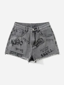 ROMWE Grunge Punk Quần short denim họa tiết chữ thô, đi học - Xám - Xem 1