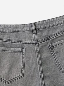 ROMWE Grunge Punk Quần short denim họa tiết chữ thô, đi học - Xám - Xem 3