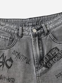 ROMWE Grunge Punk Quần short denim họa tiết chữ thô, đi học - Xám - Xem 4