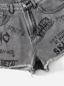ROMWE Grunge Punk Quần short denim họa tiết chữ thô, đi học - Xám - Xem 5