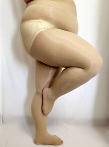 1双女士加大码纯色透明休闲连裤袜，适合日常穿着，舒适透气 - 杏色 - 查看 3