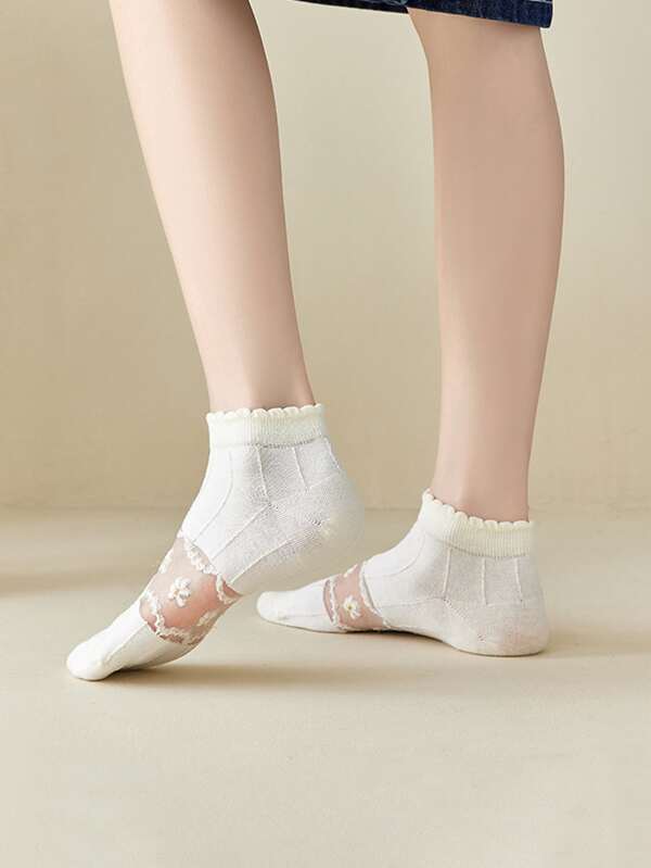 5pairs/set Women Ruffle Detail & Flower Cute Ankle Sock For All Seasons