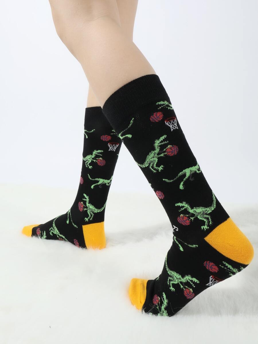 1雙男式女式恐龍和籃球創意中筒襪四季皆宜 - 彩色 - 查看 1