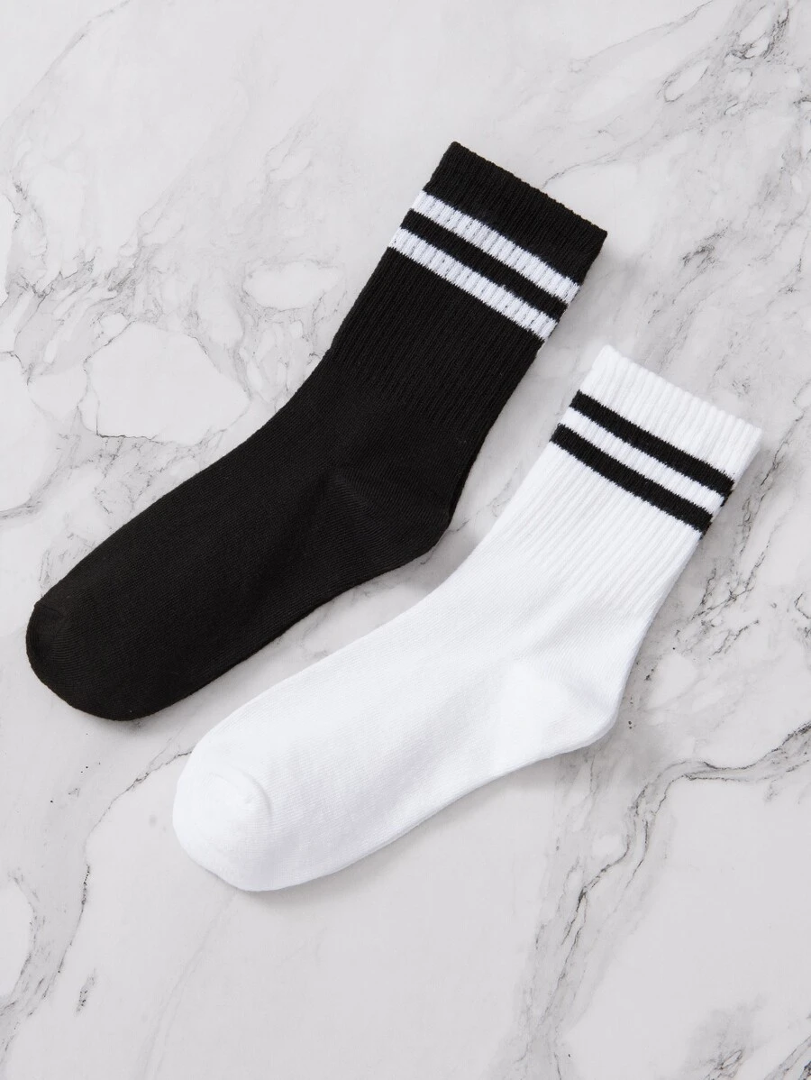 2pairs Women Striped Pattern Fashionable Crew Socks For Daily Life - Black and White - View 1