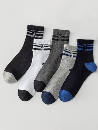 5雙/套男式字母和條紋多色透氣中筒襪四季皆宜