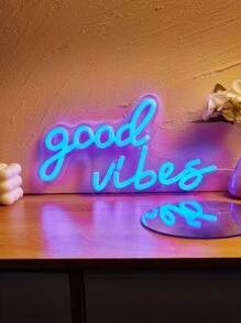 1 件 Good Vibes LED 霓虹灯，绿色霓虹灯剪影壁灯，游戏室装饰，家居装饰，生日礼物，墙壁艺术，小夜灯，卡通，USB 供电，带开关 - 藍色 - 查看 2