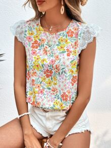 SHEIN VCAY Áo sơ mi nữ Tương phản Mesh Thêu Sò điệp Buộc lại Hoa Tất cả trên in Boho - Nhiều màu - Xem 2