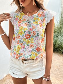 SHEIN VCAY Áo sơ mi nữ Tương phản Mesh Thêu Sò điệp Buộc lại Hoa Tất cả trên in Boho - Nhiều màu - Xem 6