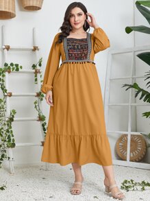 Al Najma Plus Geo Print Square Neck Pompom Trim Ruffle Hem Dress - Yellow - View 1