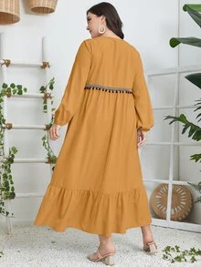 Al Najma Plus Geo Print Square Neck Pompom Trim Ruffle Hem Dress - Yellow - View 2