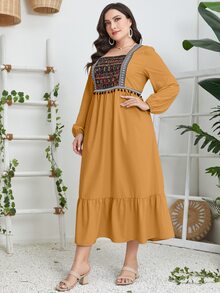 Al Najma Plus Geo Print Square Neck Pompom Trim Ruffle Hem Dress - Yellow - View 3