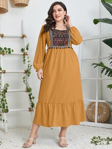 Al Najma Plus Geo Print Square Neck Pompom Trim Ruffle Hem Dress - Yellow - View 4