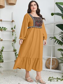 Al Najma Plus Geo Print Square Neck Pompom Trim Ruffle Hem Dress - Yellow - View 5