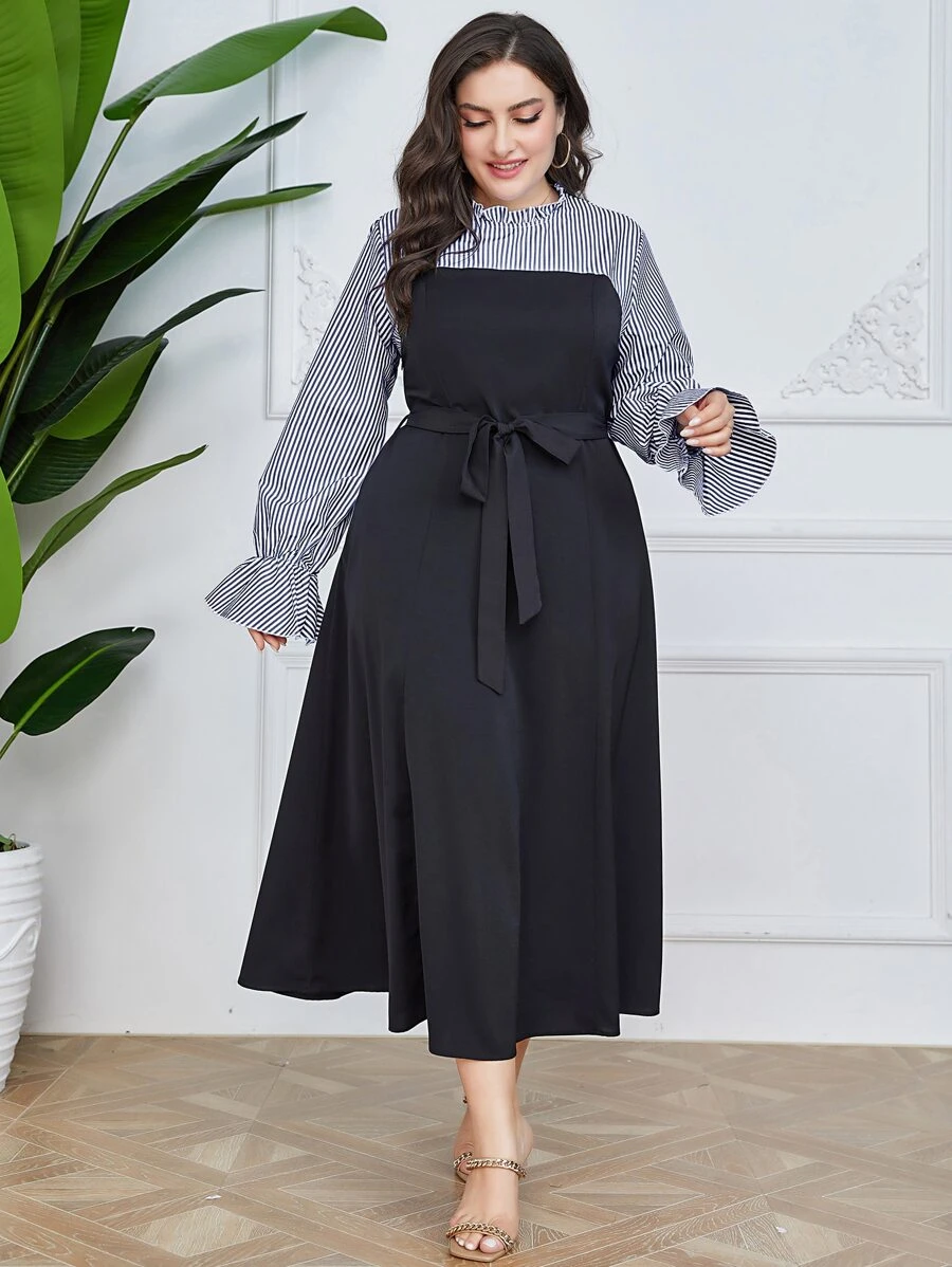 Mulvari Plus Striped Print Flounce Sleeve Dress - Navy Blue - View 1