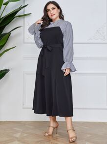 Mulvari Plus Striped Print Flounce Sleeve Dress - Navy Blue - View 3