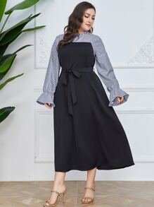 Mulvari Plus Striped Print Flounce Sleeve Dress - Navy Blue - View 4