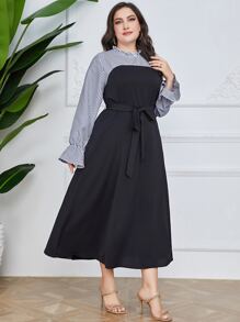 Mulvari Plus Striped Print Flounce Sleeve Dress - Navy Blue - View 6