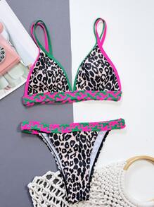 SHEIN Swim Summer Leopard Contrast Binding Bikini Set - Multicolor - View 4