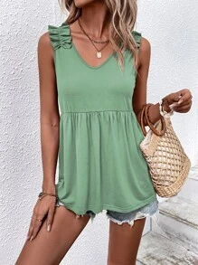 SHEIN VCAY Ruffle Trim Peplum Tank Top - Mint Green - View 1
