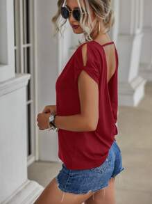 SHEIN LUNE Áo thun nữ Lộ Lưng xoắn lại màu trơn Gợi cảm - Màu Đỏ Sâu - Xem 4