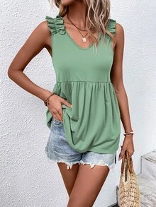 SHEIN VCAY Ruffle Trim Peplum Tank Top - Mint Green - View 5