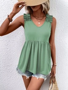 SHEIN VCAY Ruffle Trim Peplum Tank Top - Mint Green - View 6