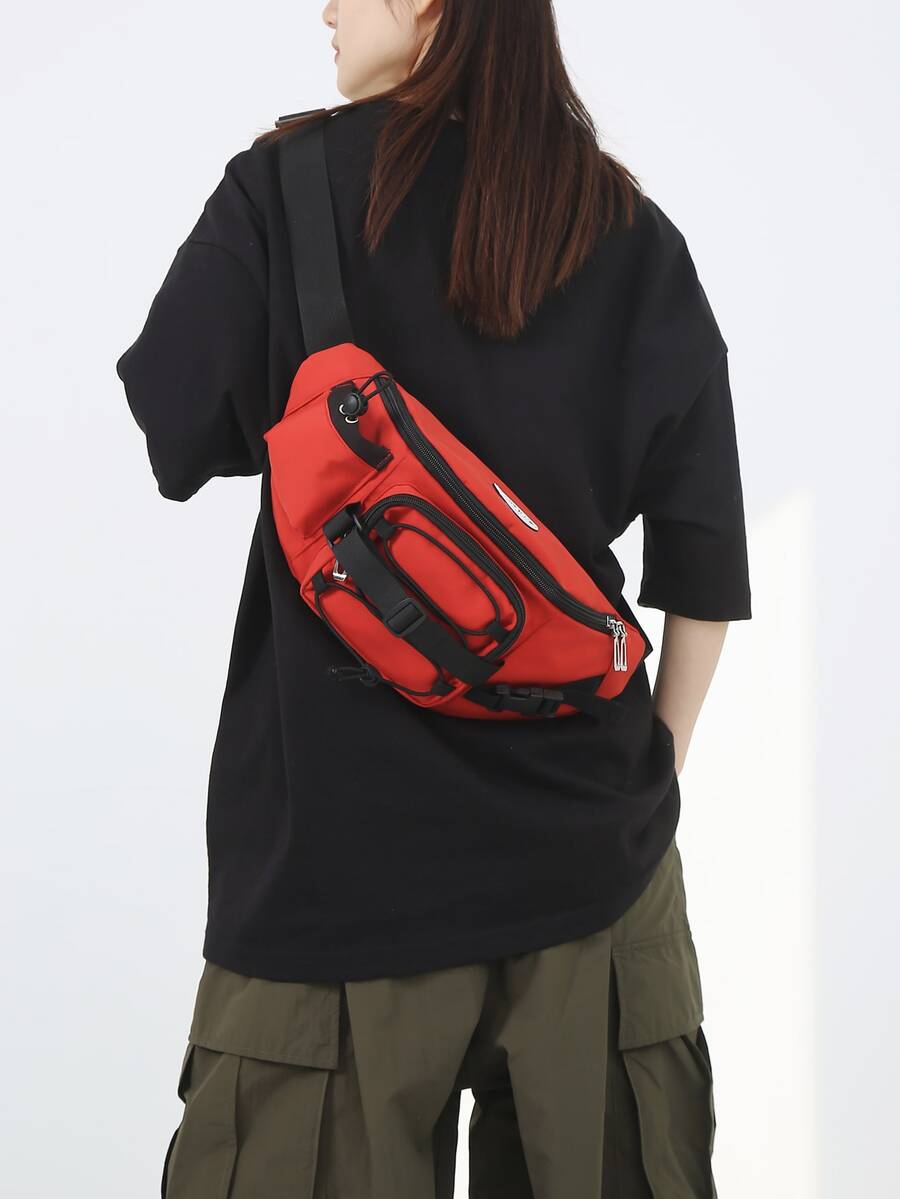 Riñonera grande con diseño de parche de letra con diseño de hebilla - Rojo - Ver 1