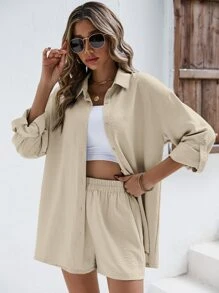 SHEIN Frenchy Solid Drop Shoulder Linen Shirt & Shorts Linen Fabric Suit Back To School Clothes Fall Women Clothes Old Money Style Teacher Outfits Business Women Clothes Teacher Shirts Winter Casual Spring - Apricot - View 3