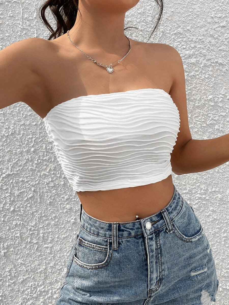 SHEIN EZwear 素色短款抹胸上衣 - 白色 - 查看 1