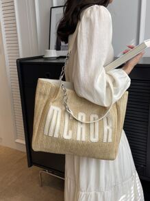 Small Straw Bag Letter Graphic Vacation - Khaki - View 1