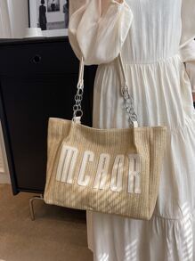 Small Straw Bag Letter Graphic Vacation - Khaki - View 2