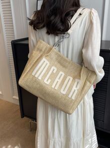 Small Straw Bag Letter Graphic Vacation - Khaki - View 3