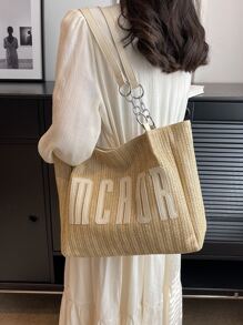 Small Straw Bag Letter Graphic Vacation - Khaki - View 4