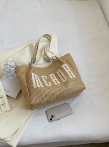 Small Straw Bag Letter Graphic Vacation - Khaki - View 7