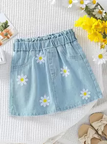 SHEIN 夏季年輕女孩可愛的刺繡雛菊牛仔布短裙 - 藍色 - 查看 1