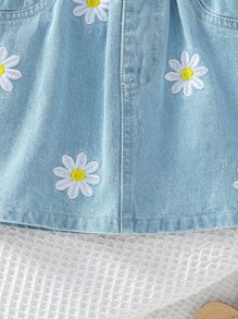 SHEIN 夏季年輕女孩可愛的刺繡雛菊牛仔布短裙 - 藍色 - 查看 3