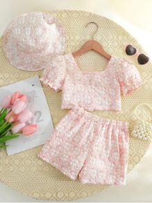 小女童印花泡泡袖上衣和短褲和帽 - 粉色 - 查看 2