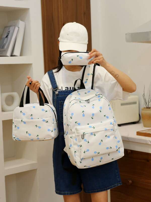 3pcs Floral Graphic Pocket Front Classic Backpack For School With