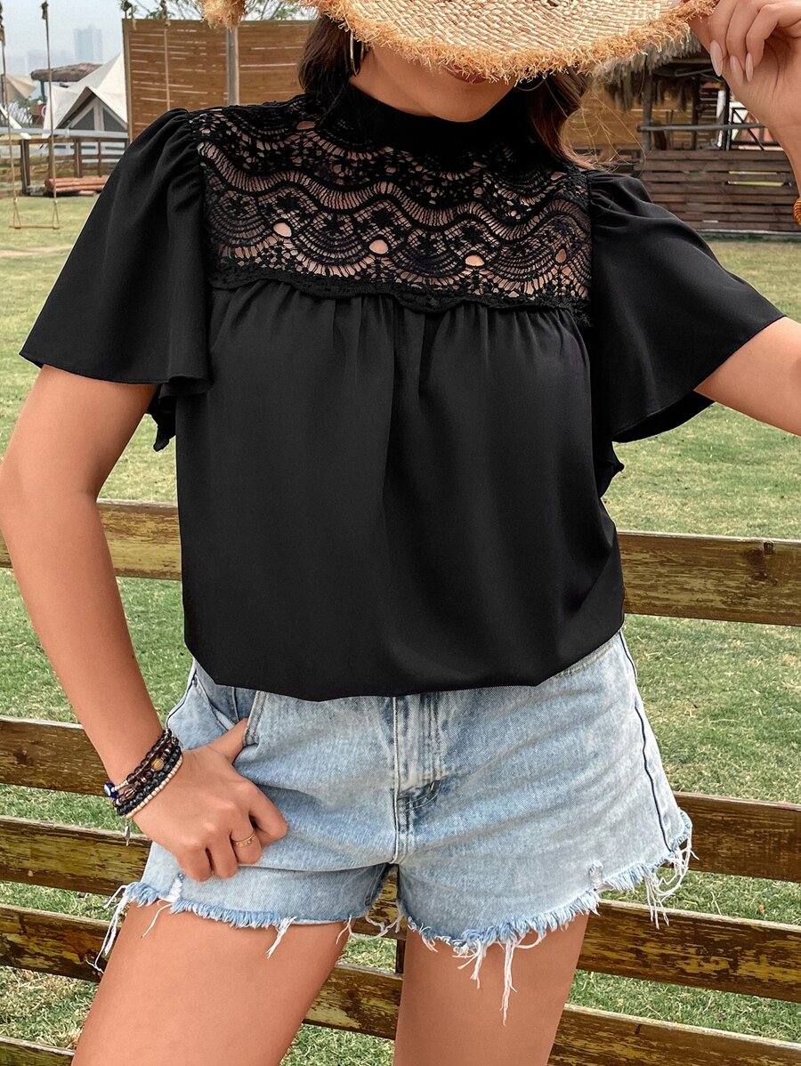 SHEIN LUNE Plus Contrast Lace Mock Neck Butterfly Sleeve Blouse - Black - View 1