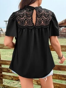 SHEIN LUNE Plus Contrast Lace Mock Neck Butterfly Sleeve Blouse - Black - View 2