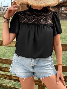 SHEIN LUNE Plus Contrast Lace Mock Neck Butterfly Sleeve Blouse - Black - View 3