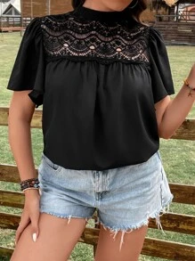 SHEIN LUNE Plus Contrast Lace Mock Neck Butterfly Sleeve Blouse - Black - View 4