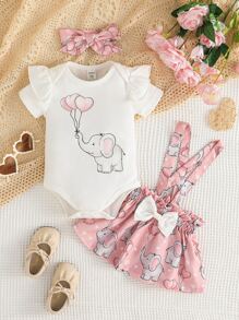 嬰兒大象印花荷葉邊連體衣和前蝴蝶結背带半身裙和頭巾 - 彩色 - 查看 1